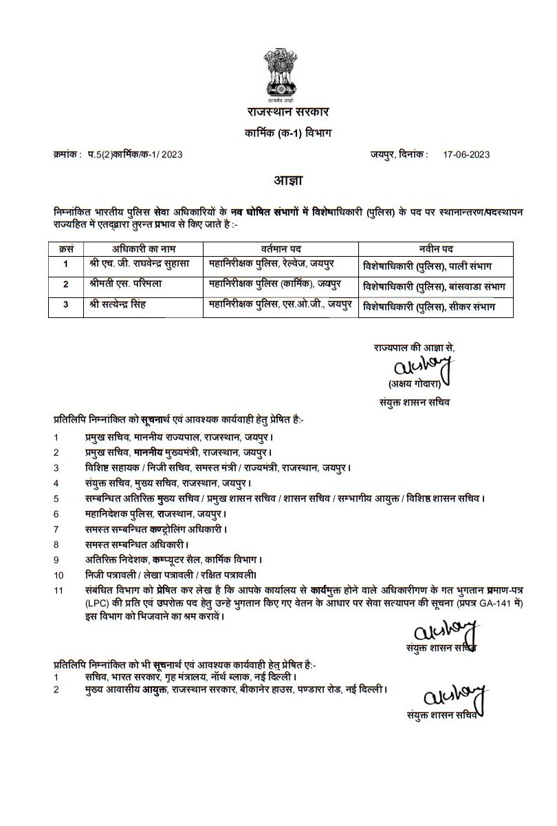IAS Transfer list, IPS Officers Transferred, DOP, DOP Rajasthan, IPS Transfer List, Rajasthan, Jaipur, Ashok Gehlot government, big change in bureaucracy ,transfers of 11 IPS, 8 IAS Officers Transferred, 11 IPS Officers List, IPS Officers Transfer List, Rajasthan New District OSD List, IAS Officers Transferred List, IAS Officers Transferred 2023 List,