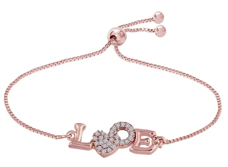 Valentine Day Gift : Rose Gold Plated Cubic Zirconia Adjustable Bracelet Jewellery with Pull-Chain